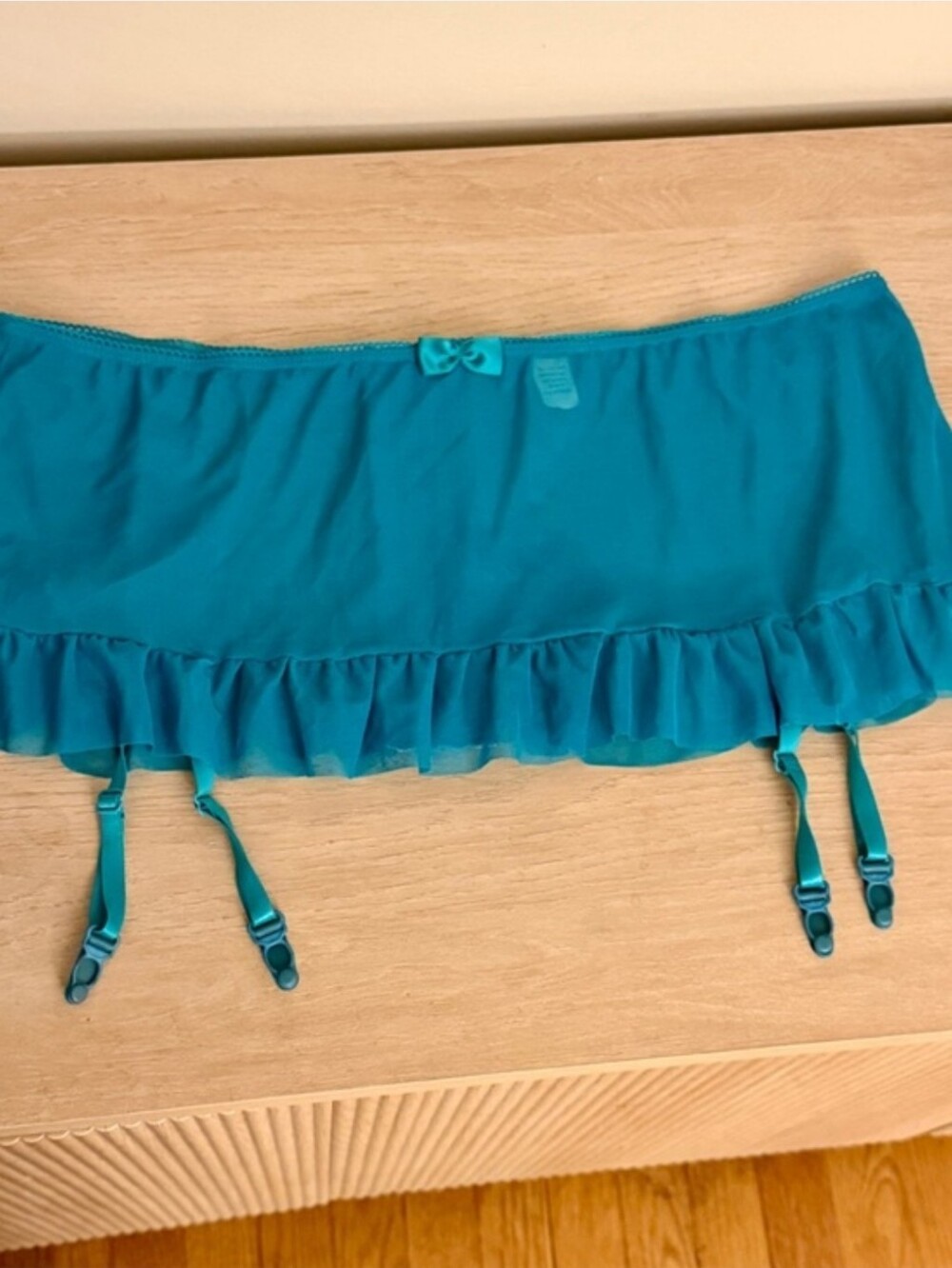 Teal Ruffle Garter Belt with Bow Size Large
